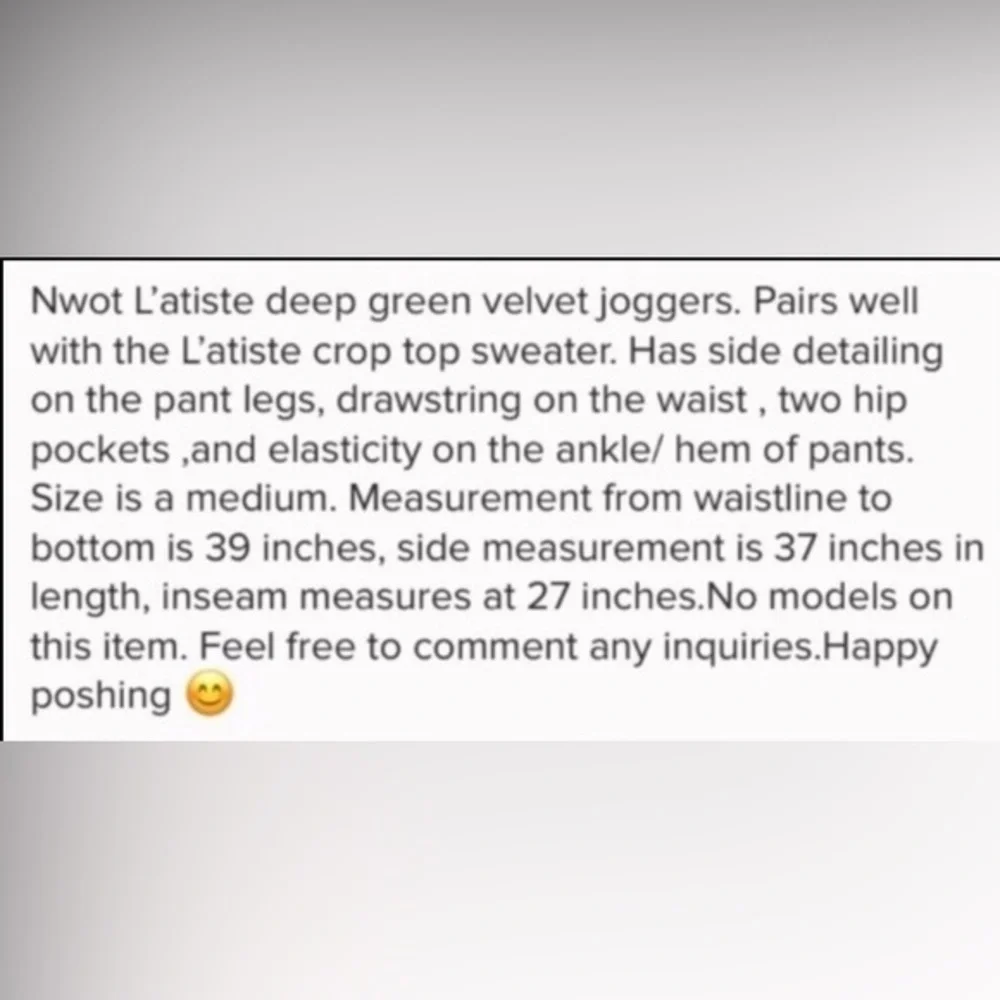 L’ATISTE deep green velvet joggers NWOT